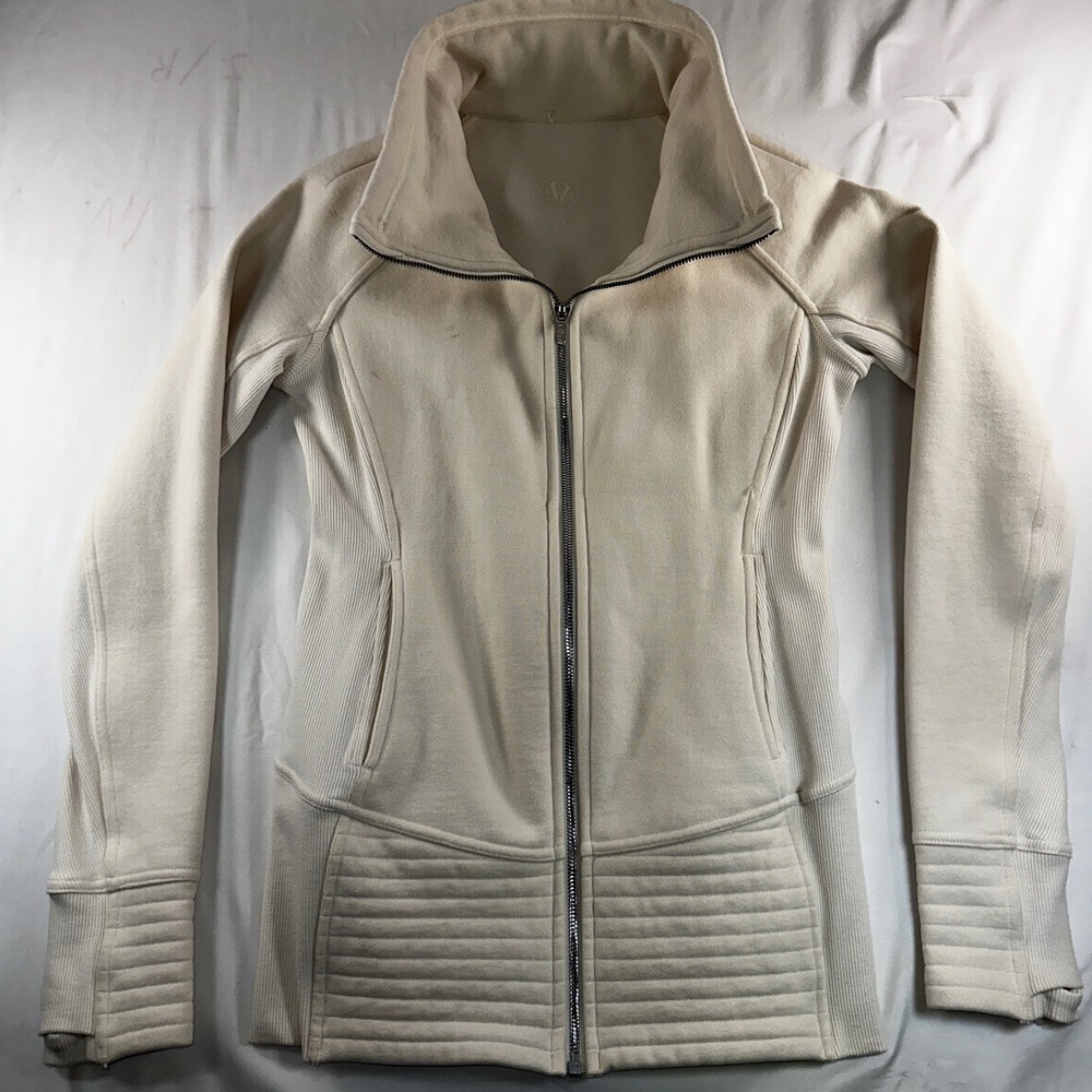Lululemon Full Zip Moto Jacket Cream Ivory Ribbed Quilted Funnel Neck Womens